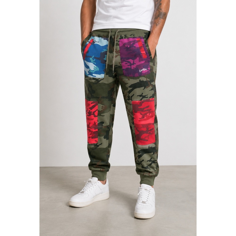 Cookies Multi-Camo Fleece Sweatpants Joggers Mens S Green Streetwear Patchwork